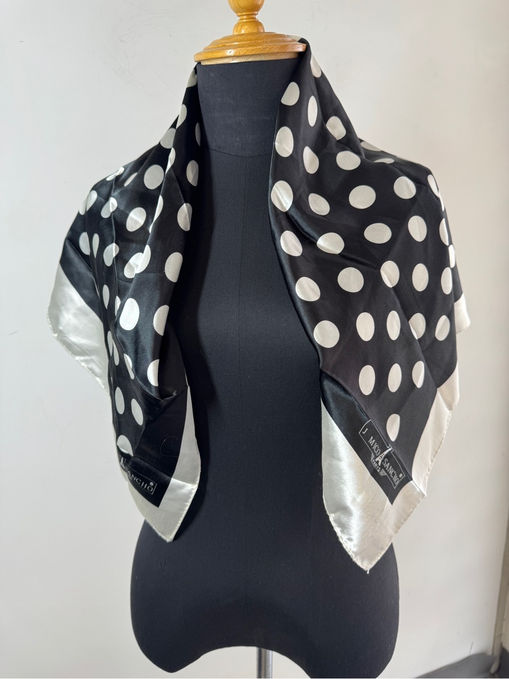 J. Mico Sancho Paris Polka Dot Silk Scarf Black White Square Vintage Chic - Picture 6 of 16